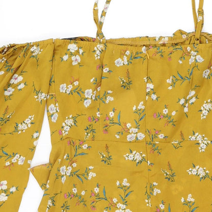 Missguided Womens Yellow Floral Polyester Mini Size 10 Square Neck Zip