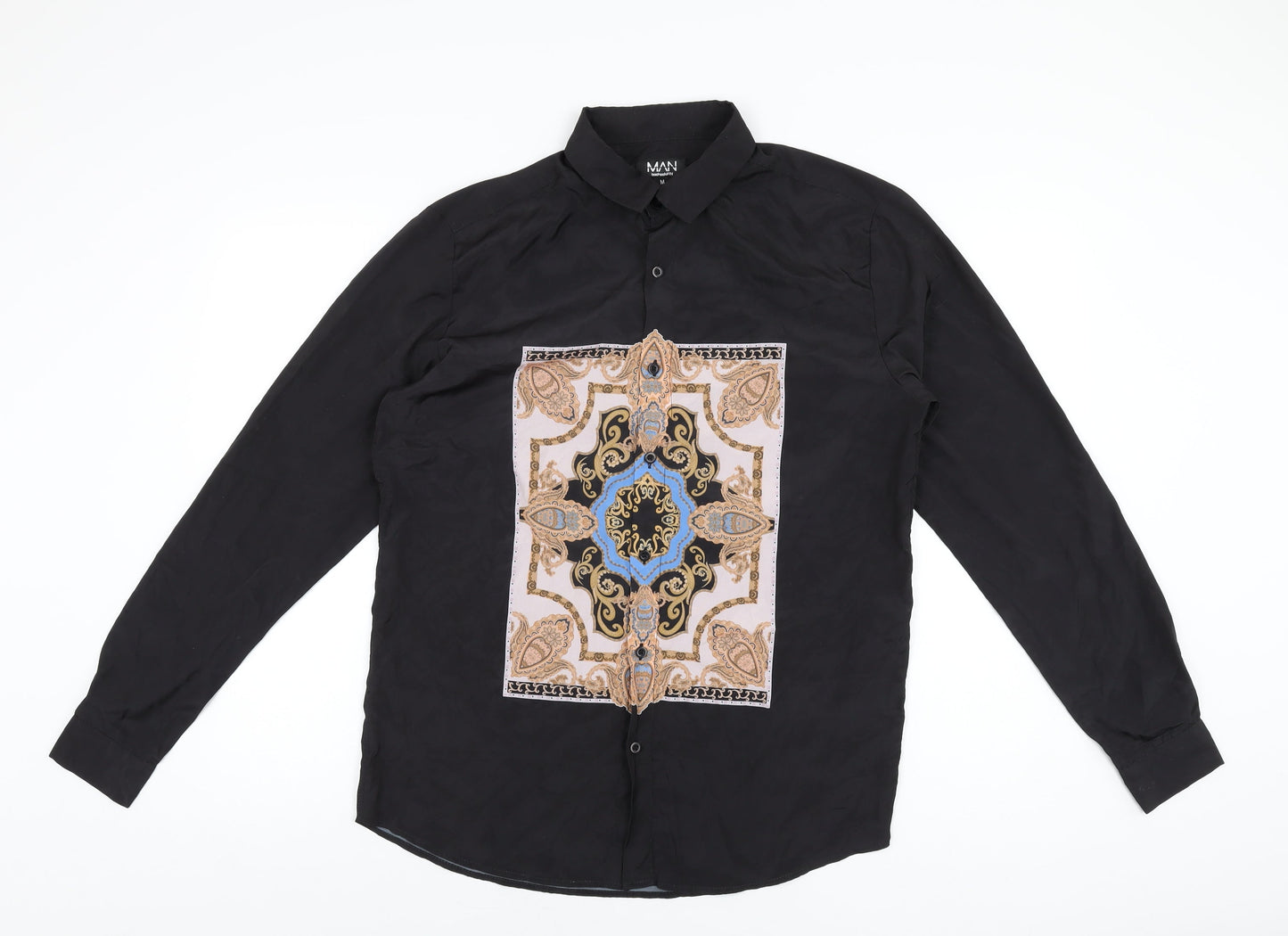 Boohoo Mens Black Geometric Polyester Button-Up Size M Collared Button