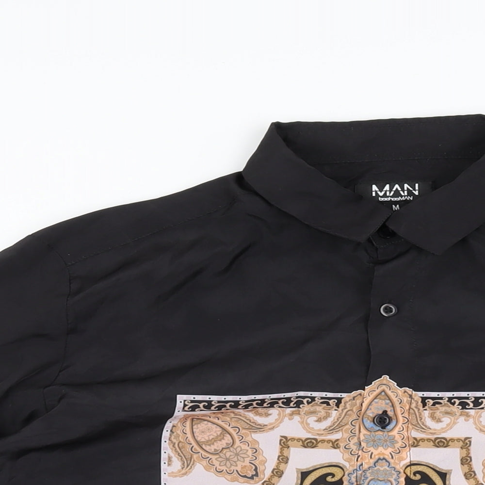 Boohoo Mens Black Geometric Polyester Button-Up Size M Collared Button