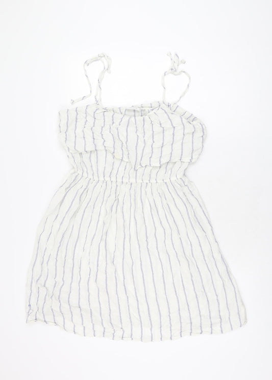NEXT Womens White Striped Viscose Skater Dress Size 10 Square Neck Pullover