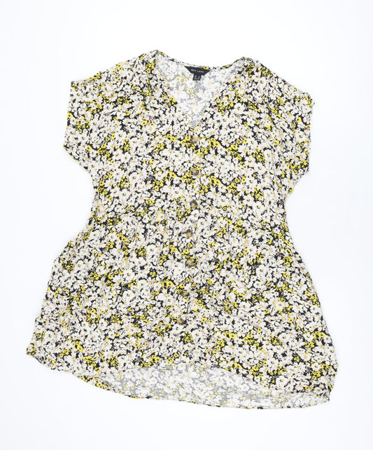 New Look Womens Black Floral Viscose Shift Size 14 V-Neck Button