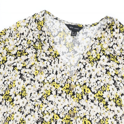 New Look Womens Black Floral Viscose Shift Size 14 V-Neck Button