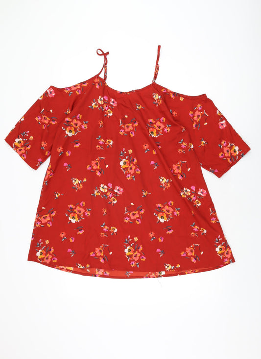 Boohoo Womens Red Floral Polyester Basic Blouse Size 14 Scoop Neck