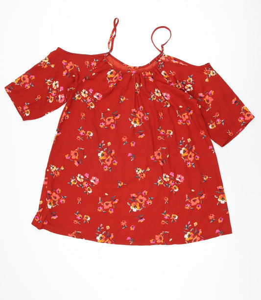 Boohoo Womens Red Floral Polyester Basic Blouse Size 14 Scoop Neck
