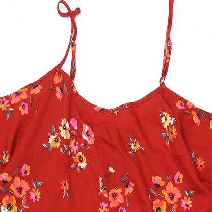 Boohoo Womens Red Floral Polyester Basic Blouse Size 14 Scoop Neck