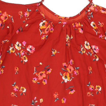 Boohoo Womens Red Floral Polyester Basic Blouse Size 14 Scoop Neck