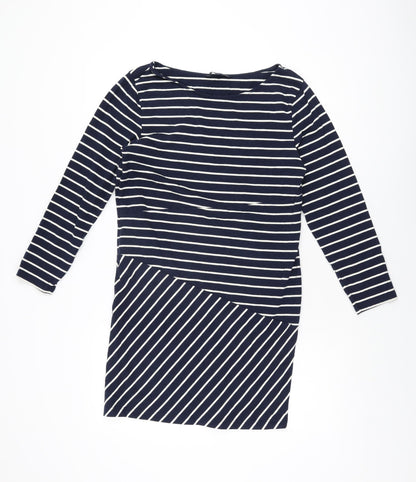 French Connection Womens Blue Striped Cotton Bodycon Size 12 Boat Neck Pullover
