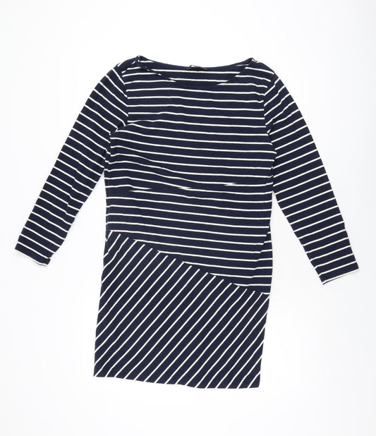 French Connection Womens Blue Striped Cotton Bodycon Size 12 Boat Neck Pullover