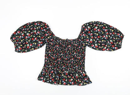 Wednesday's Girl Womens Black Floral Polyester Basic T-Shirt Size S Square Neck