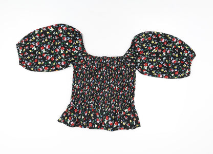 Wednesday's Girl Womens Black Floral Polyester Basic T-Shirt Size S Square Neck