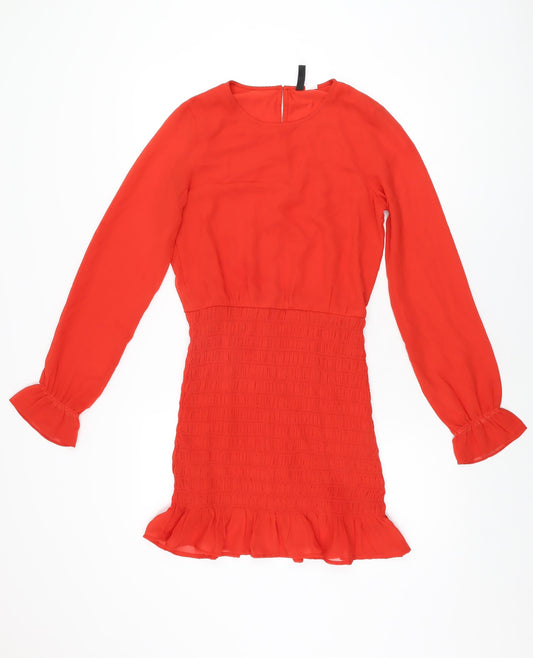 H&M Womens Red Polyester Mini Size 8 Round Neck Button