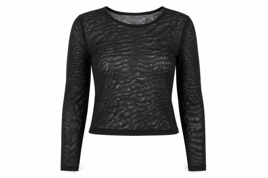 Front view of ASOS women’s black polyester cropped t-shirt, size UK 8, round neck - sheer