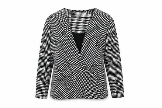 Front view of Principles women’s black geometric polyester basic t-shirt, size UK 16, v-neck