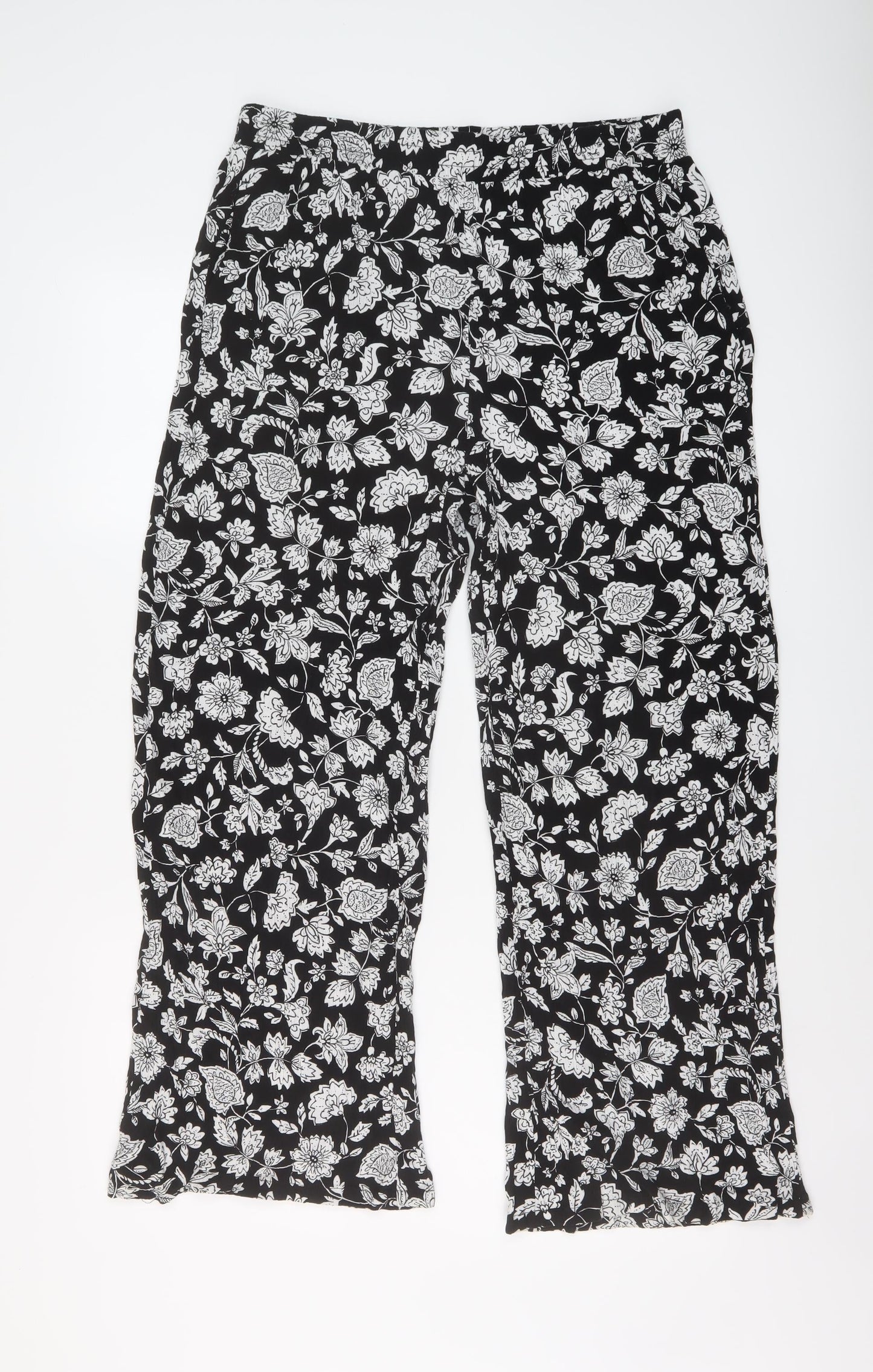 Bershka Womens Black Floral Viscose Trousers Size XL L26 in Regular
