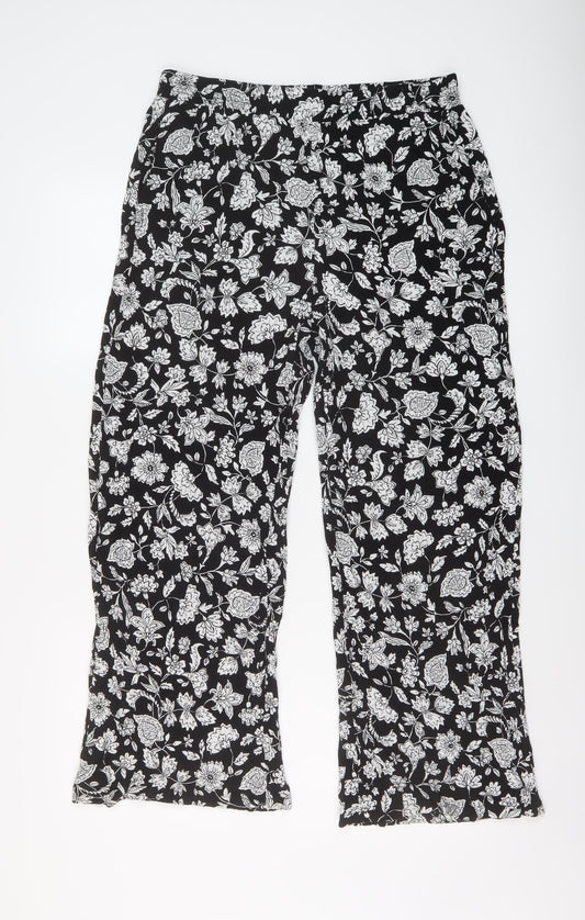 Bershka Womens Black Floral Viscose Trousers Size XL L26 in Regular
