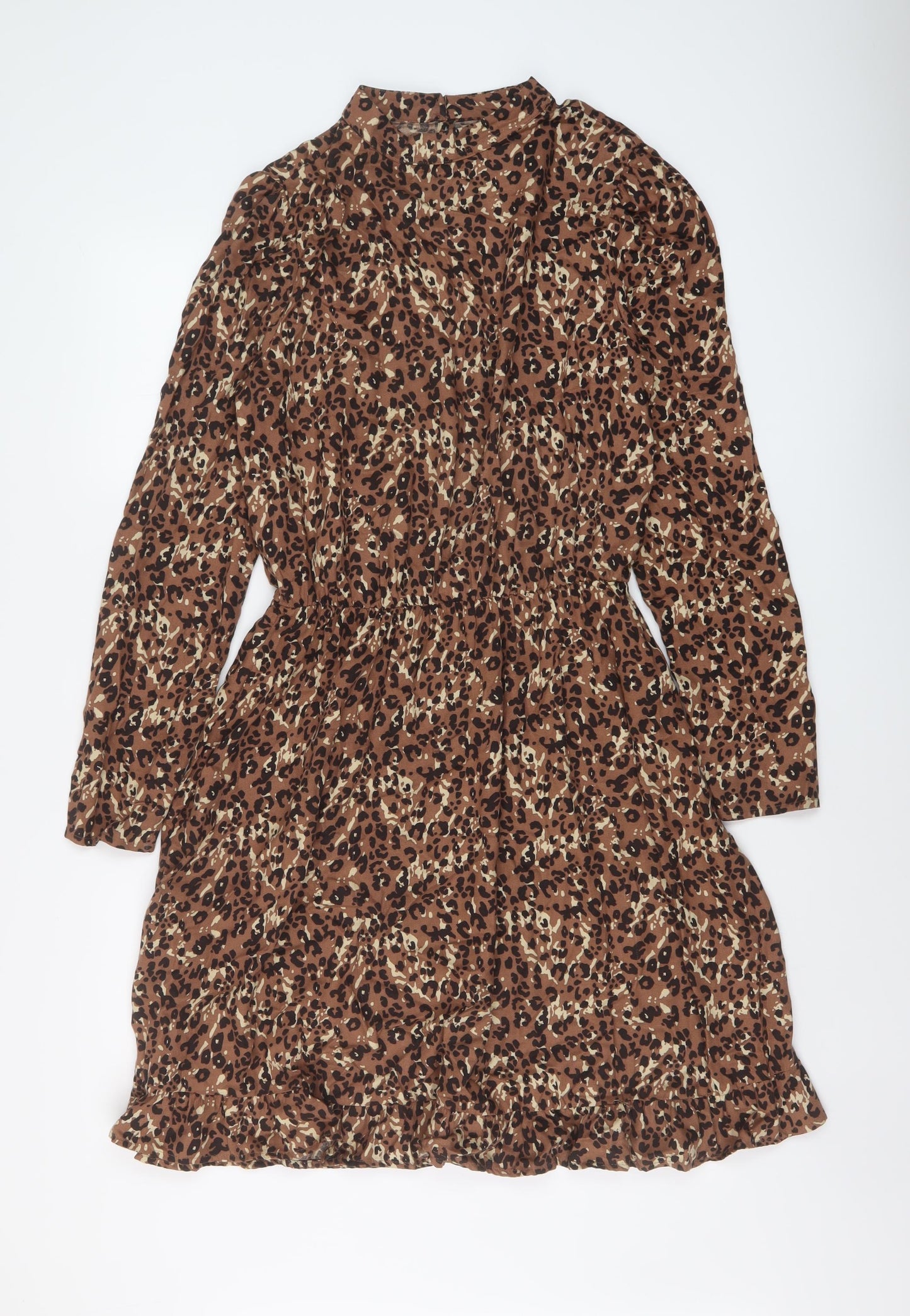 NEXT Womens Brown Animal Print Viscose A-Line Size 8 Mock Neck Button