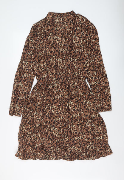 NEXT Womens Brown Animal Print Viscose A-Line Size 8 Mock Neck Button