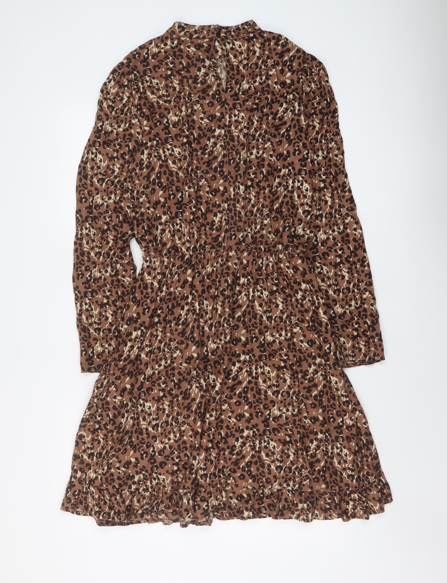 NEXT Womens Brown Animal Print Viscose A-Line Size 8 Mock Neck Button