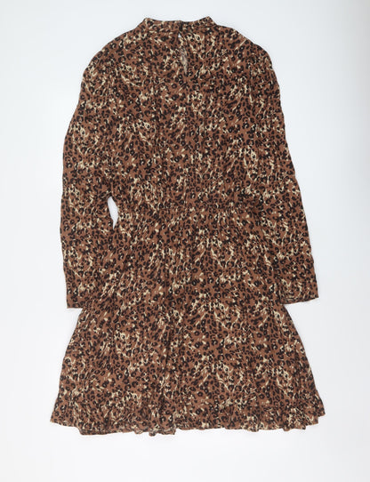 NEXT Womens Brown Animal Print Viscose A-Line Size 8 Mock Neck Button