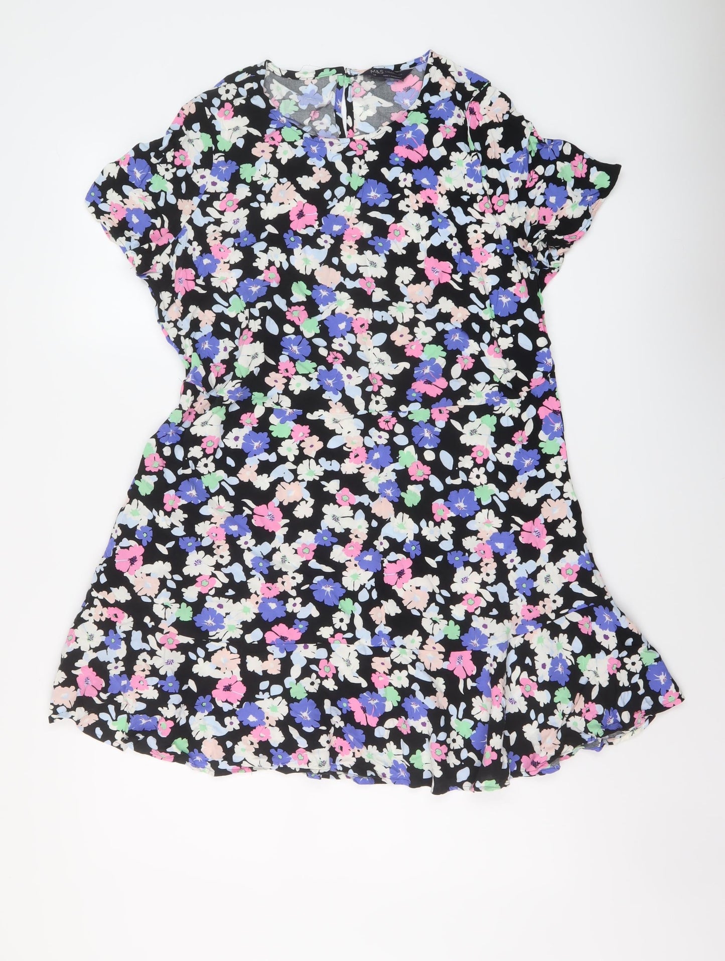 Marks and Spencer Womens Multicoloured Floral Viscose A-Line Size 14 Round Neck Button