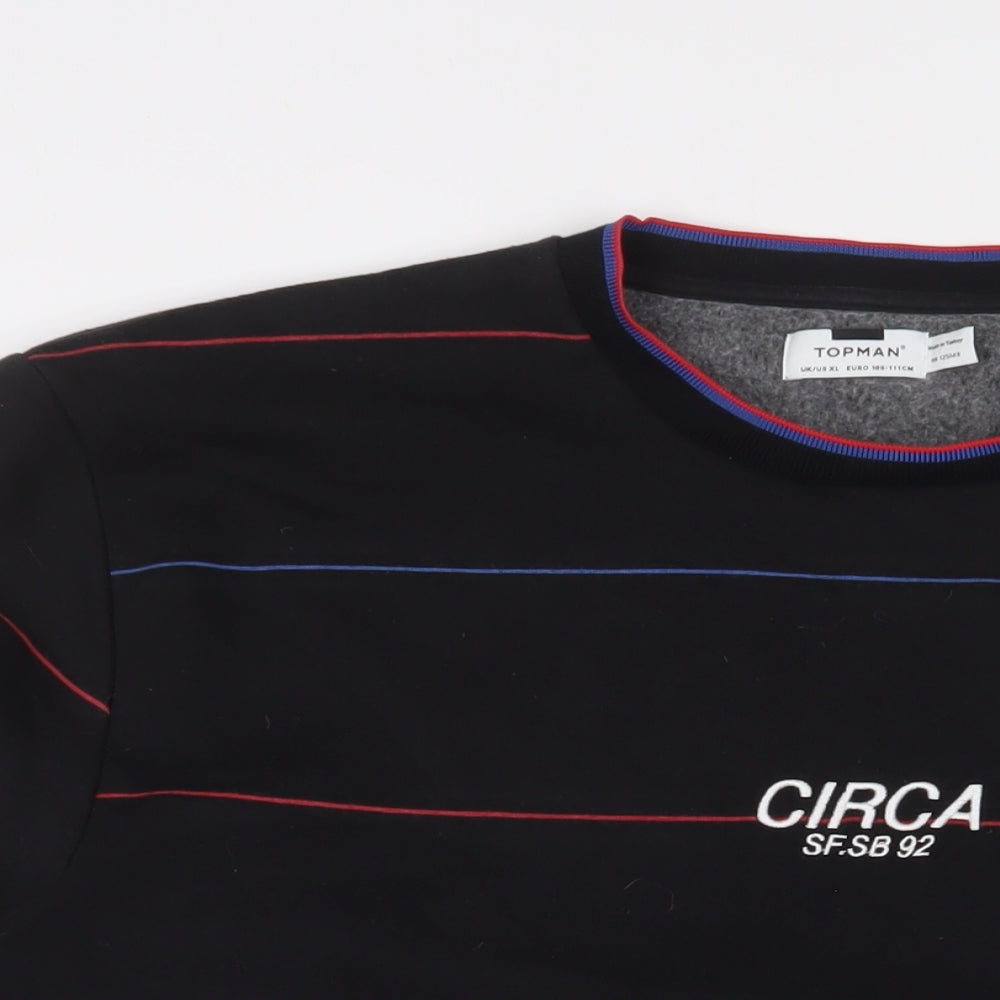 Topman Mens Black Striped Cotton Pullover Sweatshirt Size XL - Embroidered
