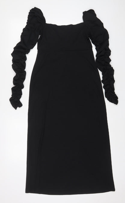 Topshop Womens Black Polyester A-Line Size 10 Square Neck Pullover - Ruched sleeves