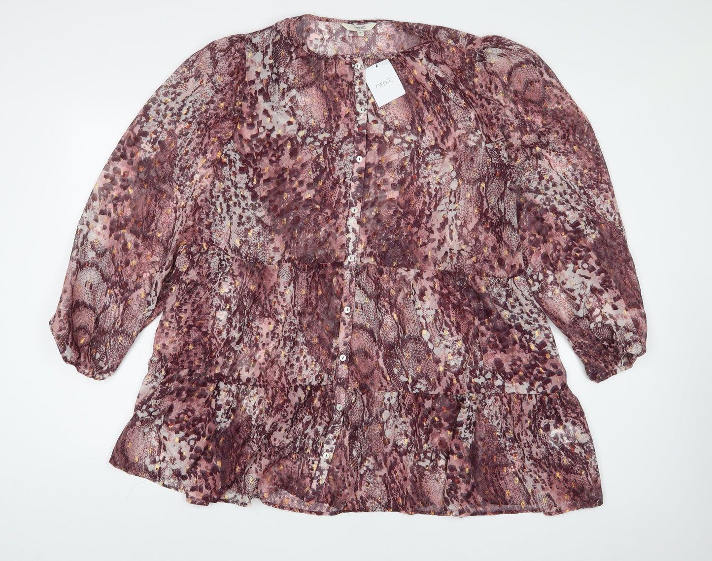 NEXT Womens Purple Geometric Polyester A-Line Size 18 Crew Neck Button