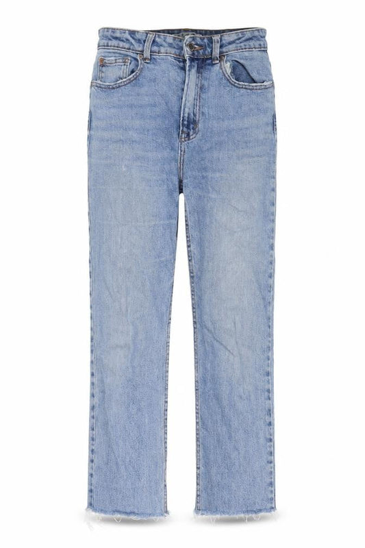 Front view of Denim & Co. women’s blue cotton straight jeans, size UK 8, 24-inch leg regular zip
