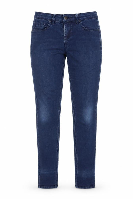 Front view of Denim & Co. women’s blue cotton skinny jeans, size UK 8, 32-inch leg regular zip