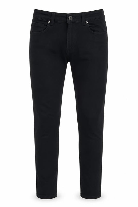 Front view of Denim & Co. men’s black cotton skinny jeans, size 32, in, 30-inch leg regular zip