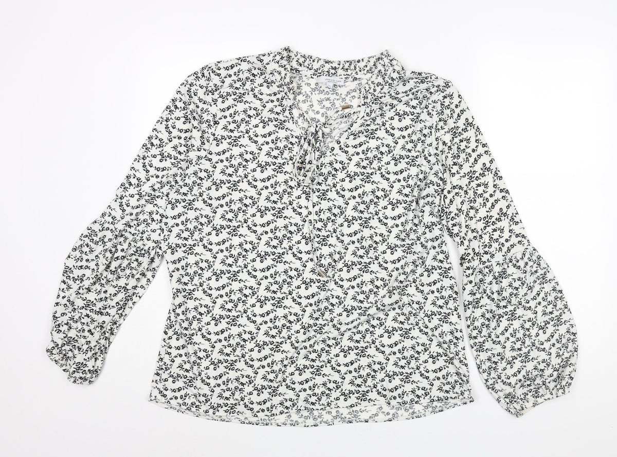 Vanessa Zani Womens White Floral Polyester Basic Blouse Size XL V-Neck