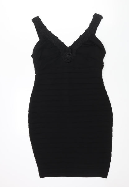 Wallis Womens Black Polyester Bodycon Size 14 V-Neck Zip - Pleated Lace Sequin Detail