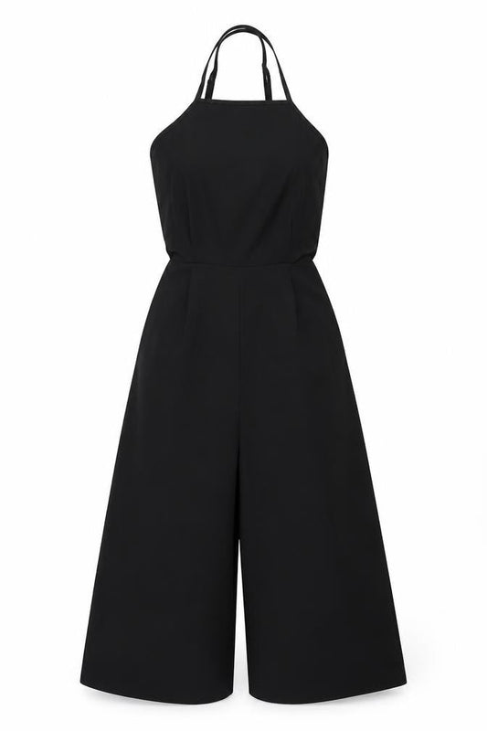Front view of Missguided women’s black polyester jumpsuit one-piece, size UK 6, 16-inch leg zip - cut out