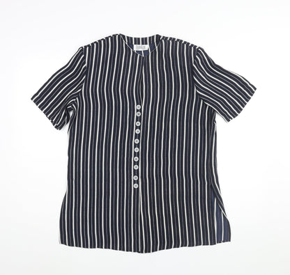 Eugen Klein Womens Blue Striped Polyester Tunic Blouse Size 10 Round Neck - Shoulder Pads Side Slits