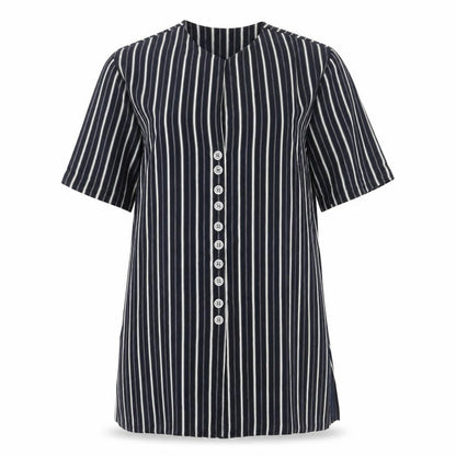 Eugen Klein Womens Blue Striped Polyester Tunic Blouse Size 10 Round Neck - Shoulder Pads Side Slits