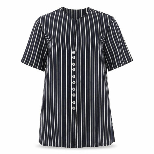Eugen Klein Womens Blue Striped Polyester Tunic Blouse Size 10 Round Neck - Shoulder Pads Side Slits