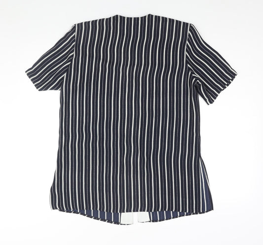 Eugen Klein Womens Blue Striped Polyester Tunic Blouse Size 10 Round Neck - Shoulder Pads Side Slits