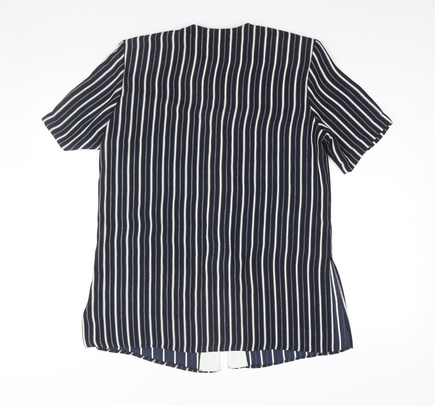 Eugen Klein Womens Blue Striped Polyester Tunic Blouse Size 10 Round Neck - Shoulder Pads Side Slits