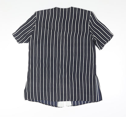 Eugen Klein Womens Blue Striped Polyester Tunic Blouse Size 10 Round Neck - Shoulder Pads Side Slits