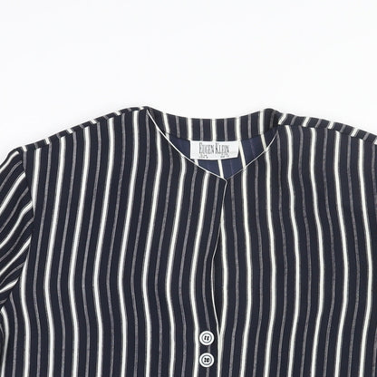 Eugen Klein Womens Blue Striped Polyester Tunic Blouse Size 10 Round Neck - Shoulder Pads Side Slits