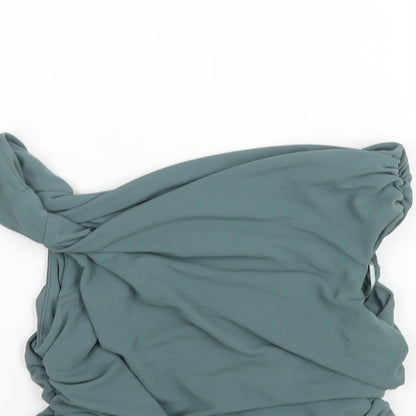 Zara Womens Green Polyester Cropped Blouse Size S Boat Neck - Rouched