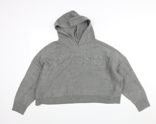 COLLUSION Womens Grey Round Neck Acrylic Pullover Jumper Size 18 - Logo Hooded Cropped