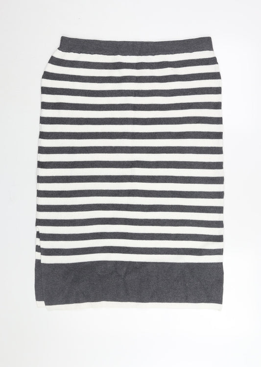 Marks and Spencer Womens Grey Striped Viscose Straight & Pencil Skirt Size L - Side Slit