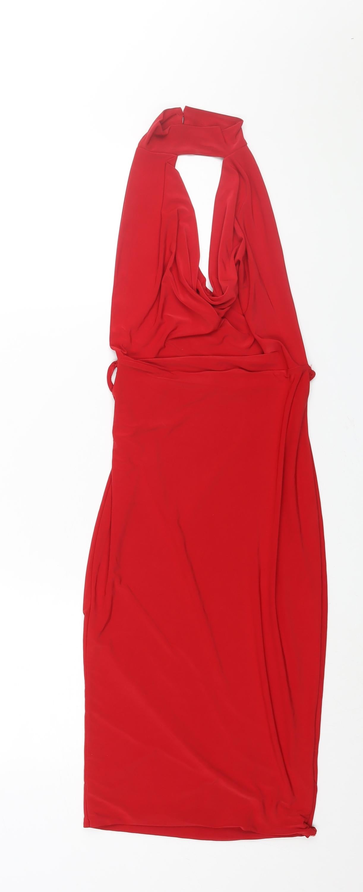 PRETTYLITTLETHING Womens Red Polyester Bodycon Size 8 Halter Button - Cowl Neck Backless