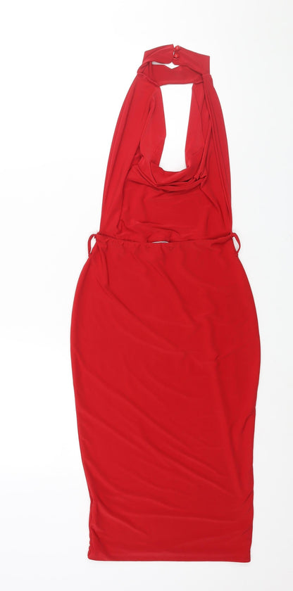 PRETTYLITTLETHING Womens Red Polyester Bodycon Size 8 Halter Button - Cowl Neck Backless