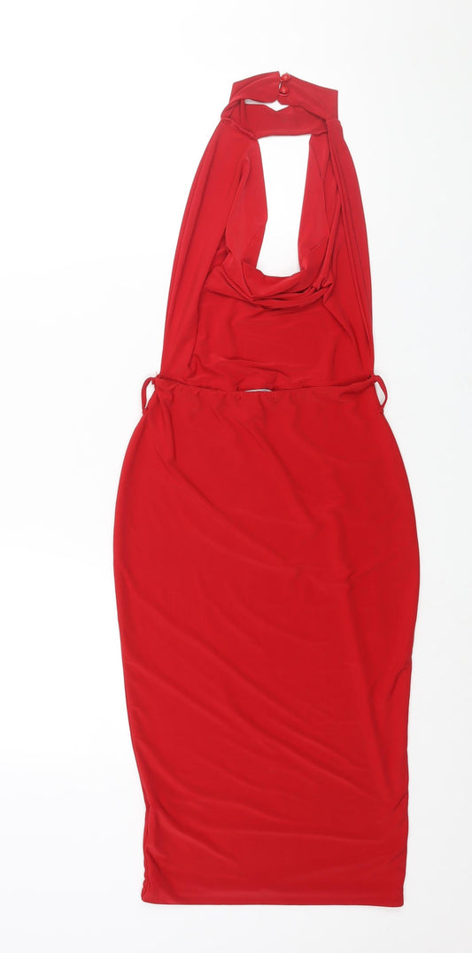 PRETTYLITTLETHING Womens Red Polyester Bodycon Size 8 Halter Button - Cowl Neck Backless