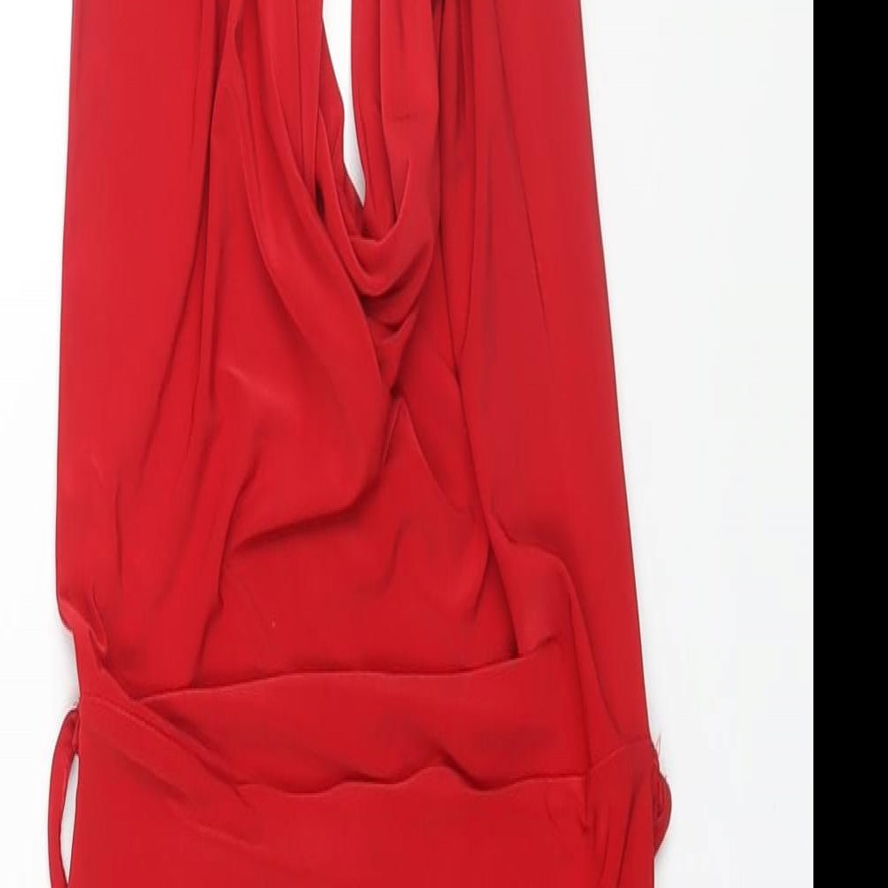 PRETTYLITTLETHING Womens Red Polyester Bodycon Size 8 Halter Button - Cowl Neck Backless