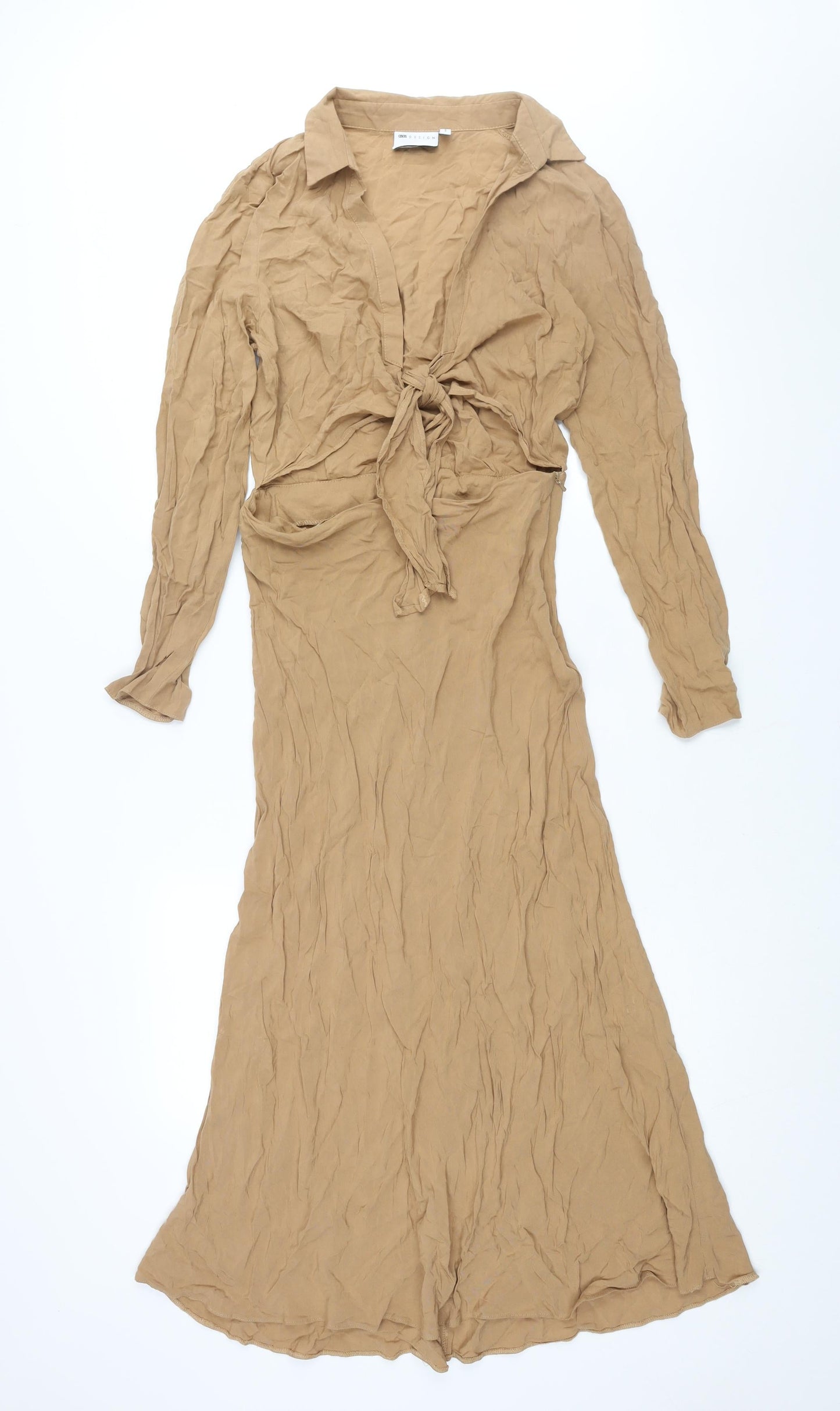 ASOS Womens Brown Viscose Shirt Dress Size 10 Collared Zip - Tie Detail Cut Out