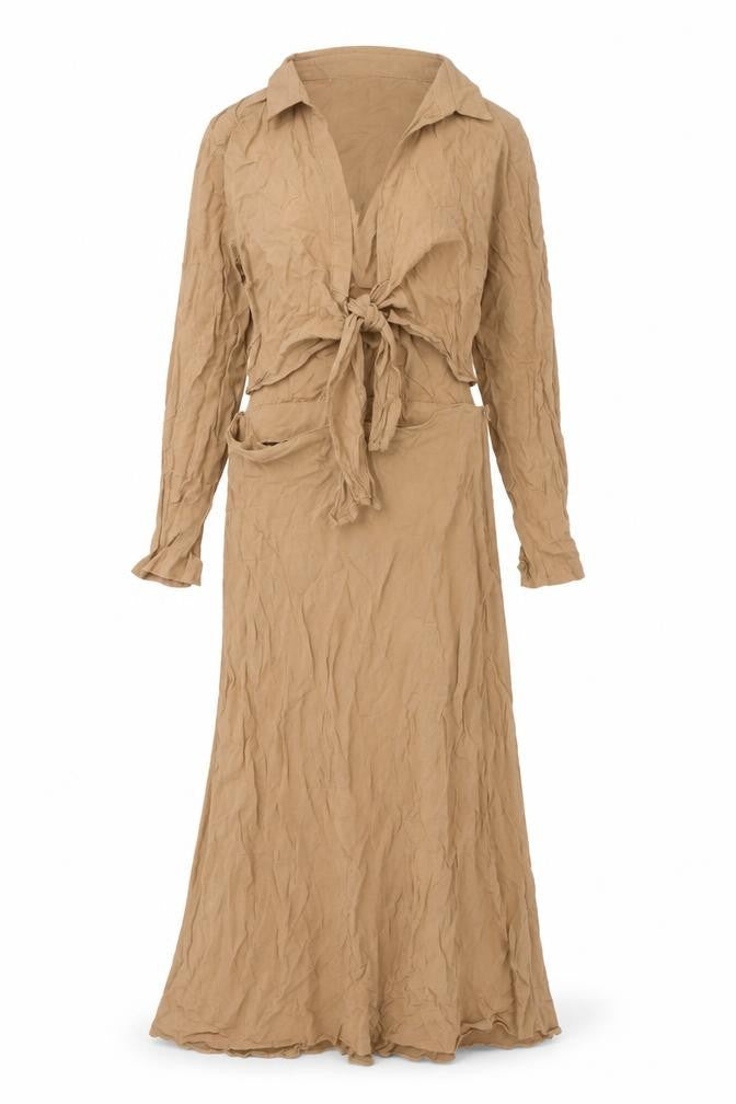 Front view of ASOS women’s brown viscose shirt dress, size UK 10, collared zip - tie detail cut out
