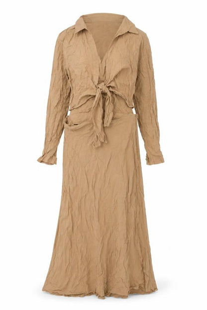 Front view of ASOS women’s brown viscose shirt dress, size UK 10, collared zip - tie detail cut out